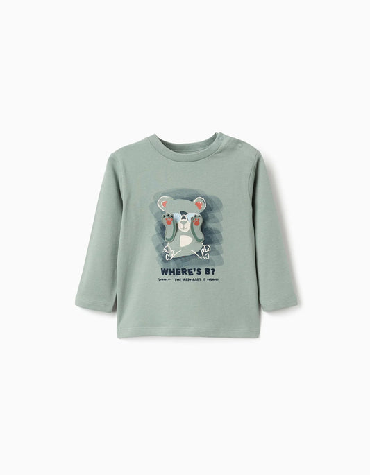 T-shirt de manga comprida com urso estampado para bebé menino, verde-claro
