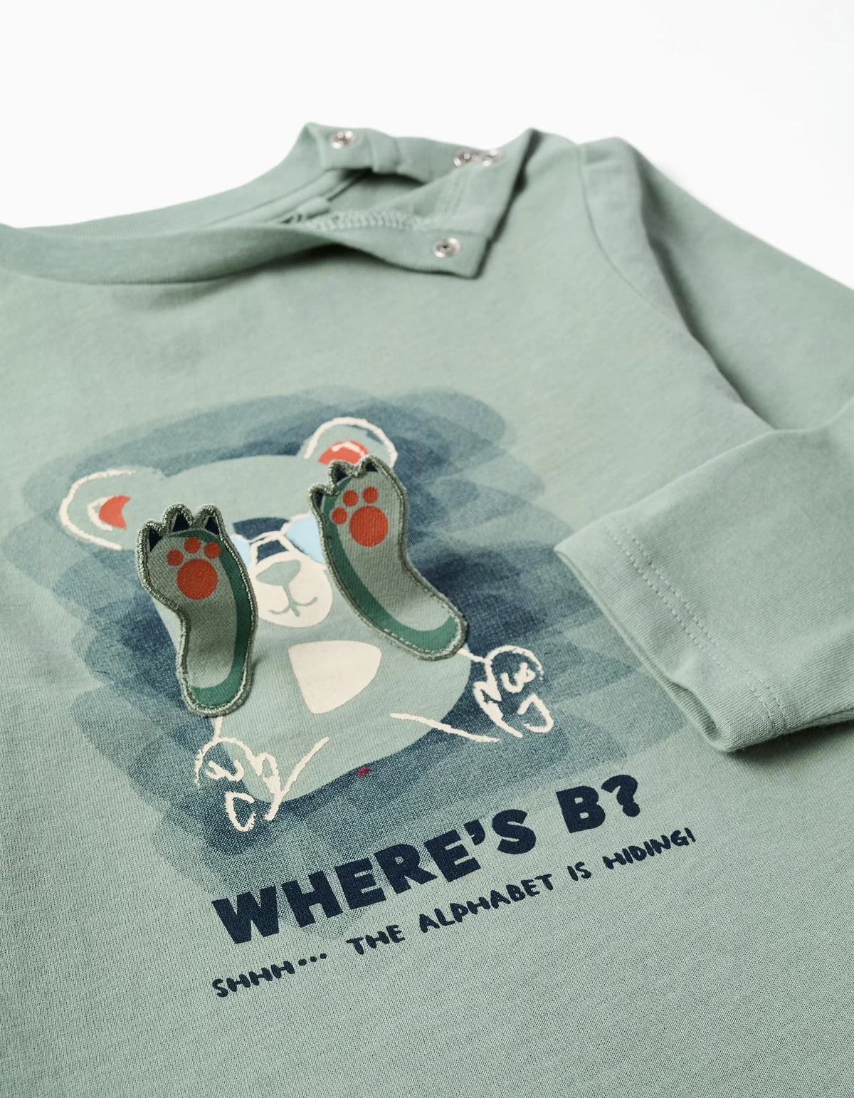 T-shirt de manga comprida com urso estampado para bebé menino, verde-claro