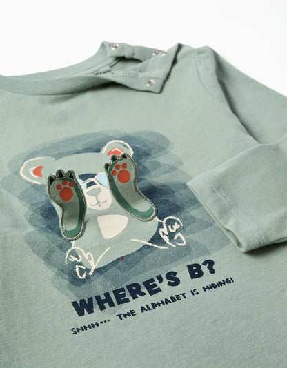 T-shirt de manga comprida com urso estampado para bebé menino, verde-claro