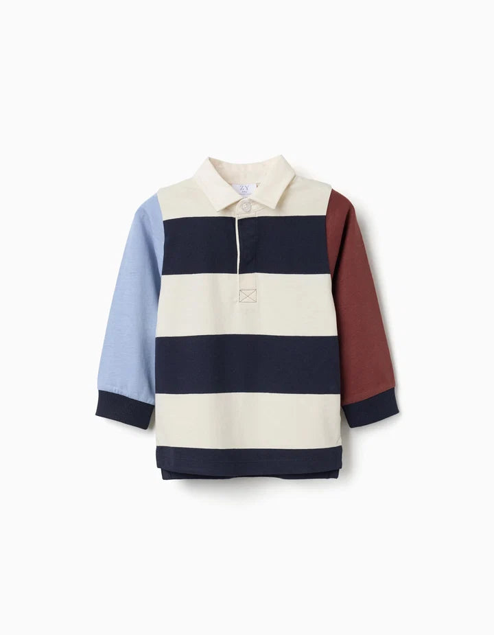Polo de manga comprida às riscas para bebé menino, azul/bege/castanho