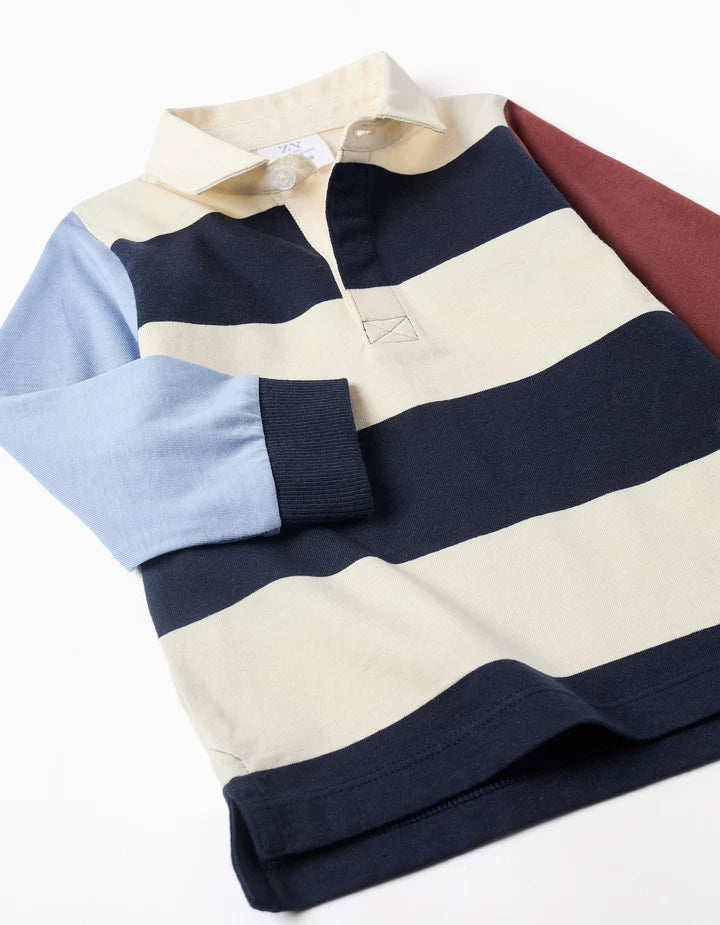 Polo de manga comprida às riscas para bebé menino, azul/bege/castanho