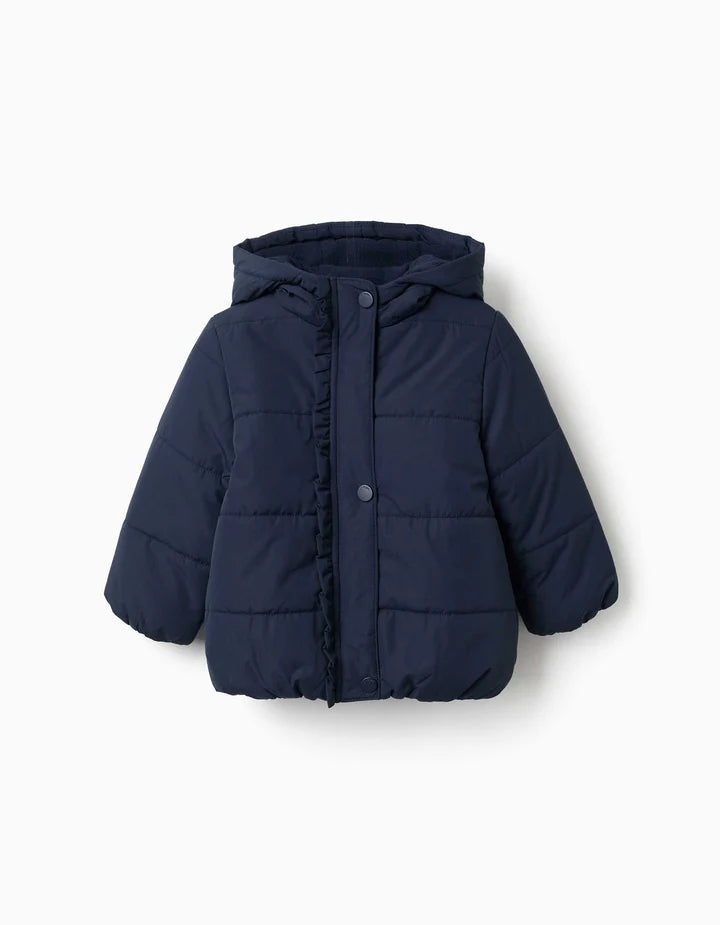 Casaco acolchoado com capuz e forro polar para bebé menina, azul-marinho