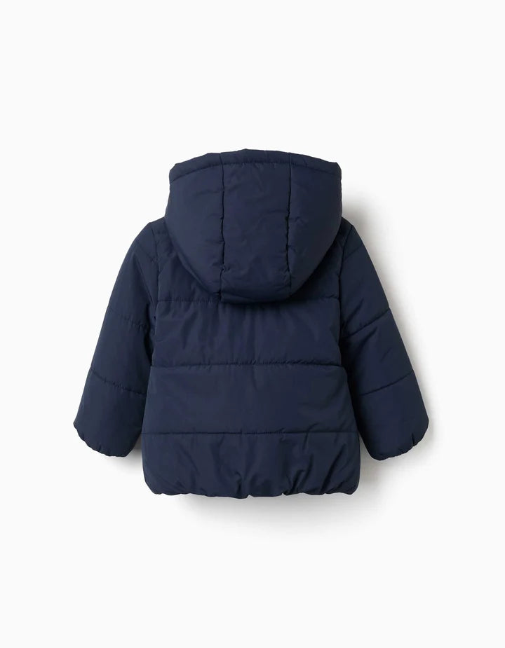 Casaco acolchoado com capuz e forro polar para bebé menina, azul-marinho