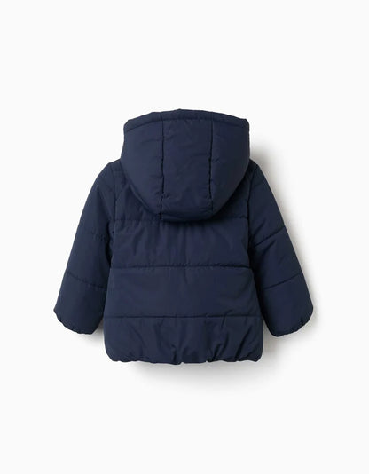 Casaco acolchoado com capuz e forro polar para bebé menina, azul-marinho