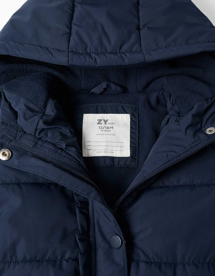Casaco acolchoado com capuz e forro polar para bebé menina, azul-marinho