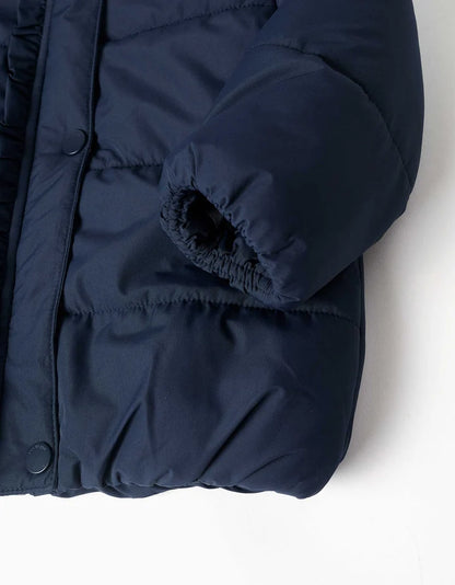 Casaco acolchoado com capuz e forro polar para bebé menina, azul-marinho