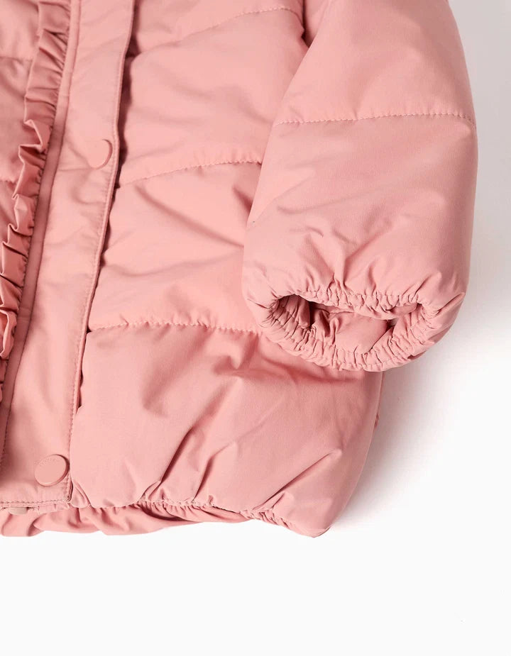 Casaco acolchoado com capuz e forro polar para bebé menina, rosa