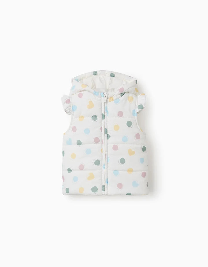 Colete acolchoado com capuz e padrão de bolinhas para bebé menina, branco