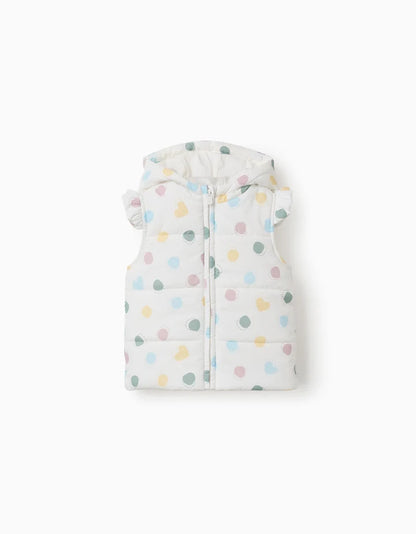 Colete acolchoado com capuz e padrão de bolinhas para bebé menina, branco