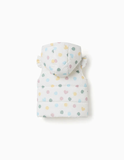 Colete acolchoado com capuz e padrão de bolinhas para bebé menina, branco