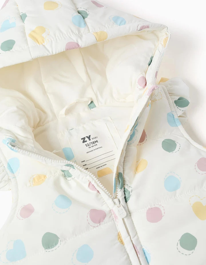 Colete acolchoado com capuz e padrão de bolinhas para bebé menina, branco