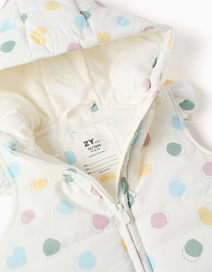Colete acolchoado com capuz e padrão de bolinhas para bebé menina, branco