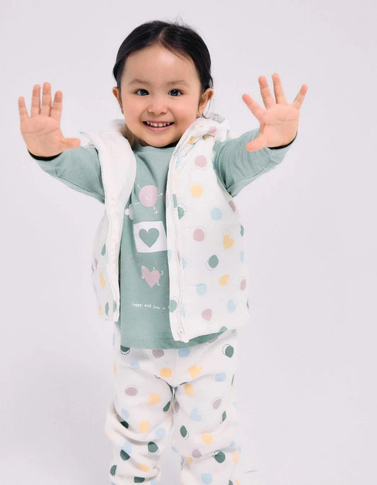 Colete acolchoado com capuz e padrão de bolinhas para bebé menina, branco