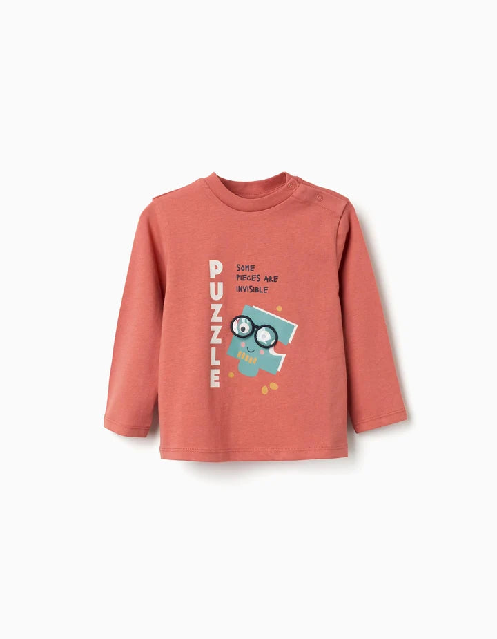 T-shirt de manga comprida com estampado Puzzle para bebé menino, terracota