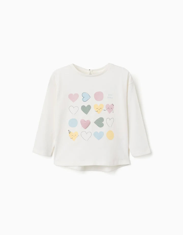 T-shirt de algodão de manga comprida com corações estampados para bebés meninas, branca