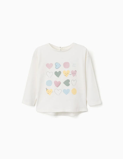 T-shirt de algodão de manga comprida com corações estampados para bebés meninas, branca