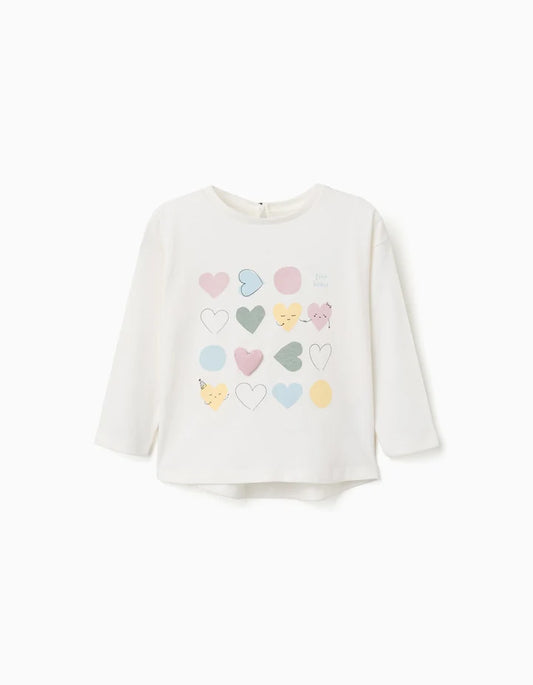 T-shirt de algodão de manga comprida com corações estampados para bebés meninas, branca