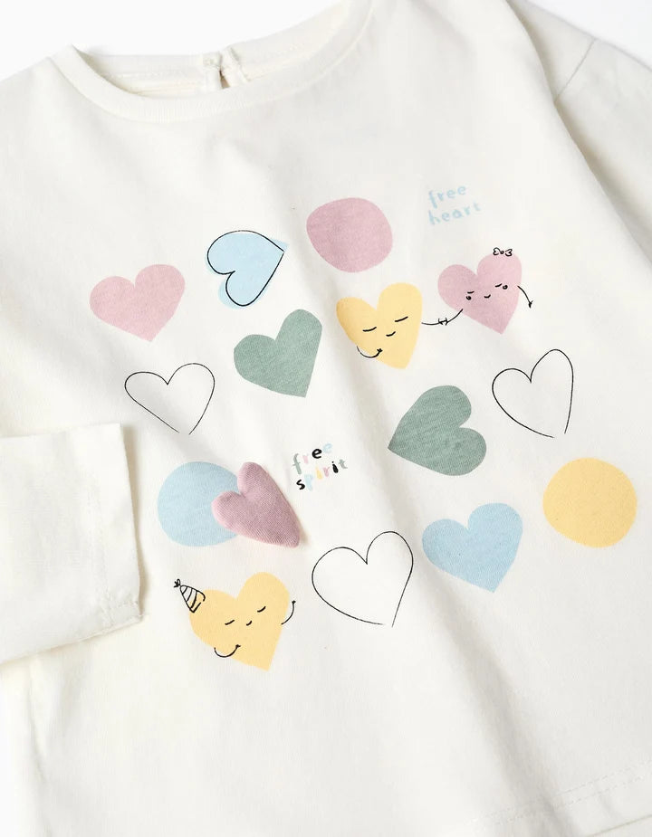 T-shirt de algodão de manga comprida com corações estampados para bebés meninas, branca
