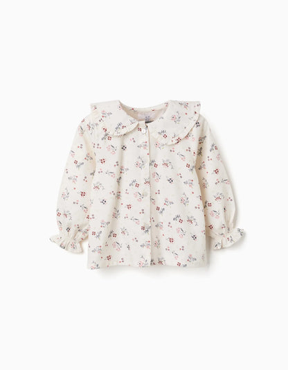 Blusa de algodão de manga comprida com estampa floral para bebês meninas, branca.