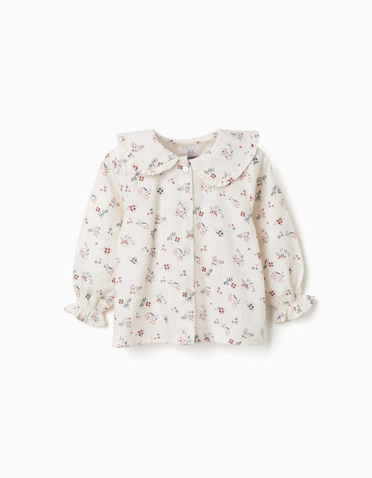 Blusa de algodão de manga comprida com estampa floral para bebês meninas, branca.