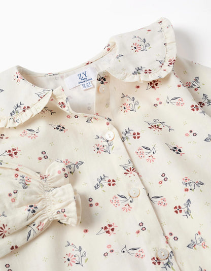 Blusa de algodão de manga comprida com estampa floral para bebês meninas, branca.