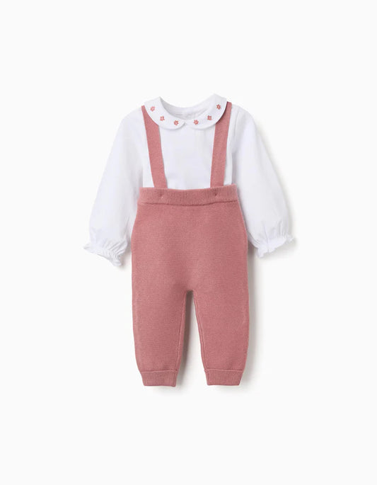 Body de algodão e calças de malha para recém-nascida, branco/rosa