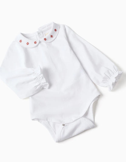 Body de algodão e calças de malha para recém-nascida, branco/rosa