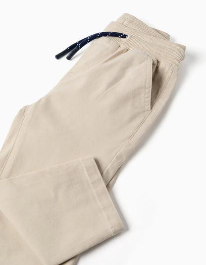 Calças slim fit de sarja com cordão para bebé menino, bege-claro