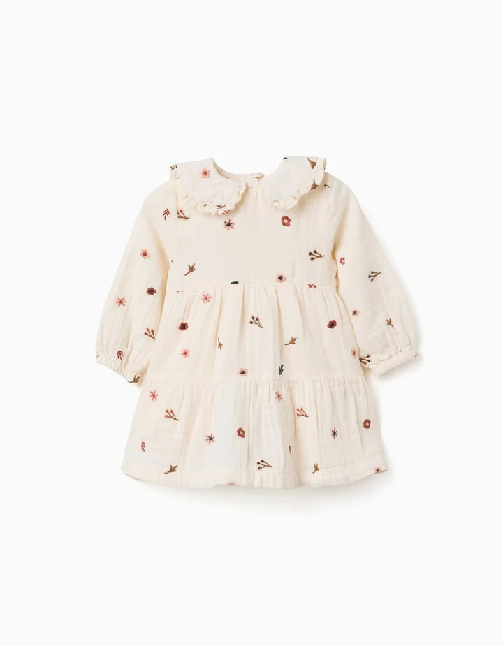 Vestido de manga comprida de algodão com flores para bebé menina, branco