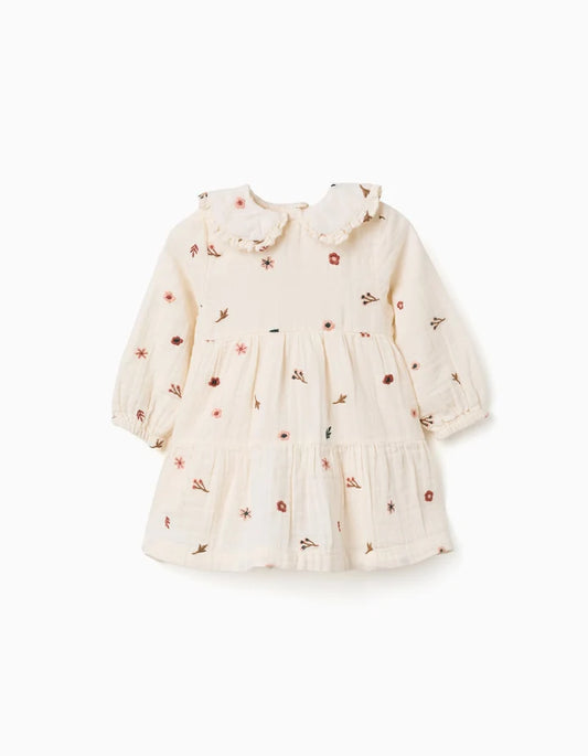 Vestido de manga comprida de algodão com flores para bebé menina, branco