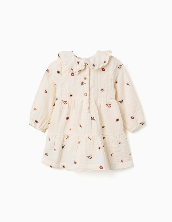 Vestido de manga comprida de algodão com flores para bebé menina, branco