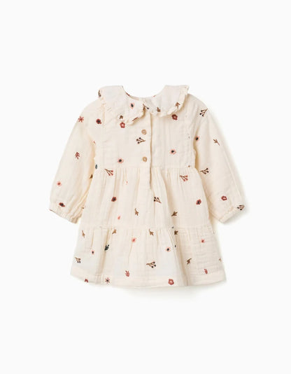 Vestido de manga comprida de algodão com flores para bebé menina, branco