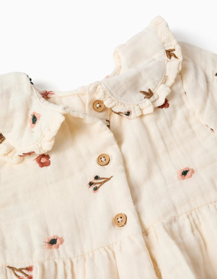 Vestido de manga comprida de algodão com flores para bebé menina, branco
