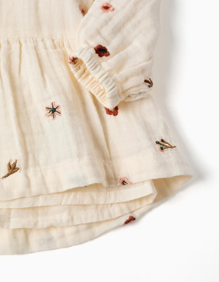 Vestido de manga comprida de algodão com flores para bebé menina, branco