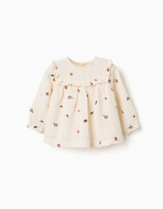 Blusa de manga comprida de algodão com flores para bebé menina, branco