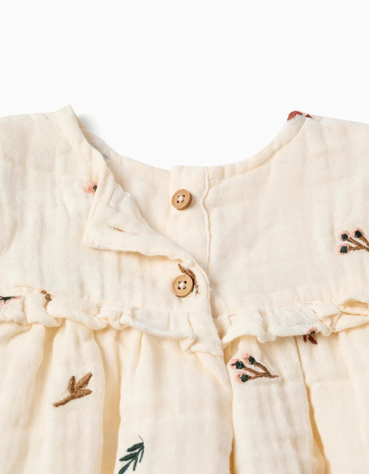 Blusa de manga comprida de algodão com flores para bebé menina, branco