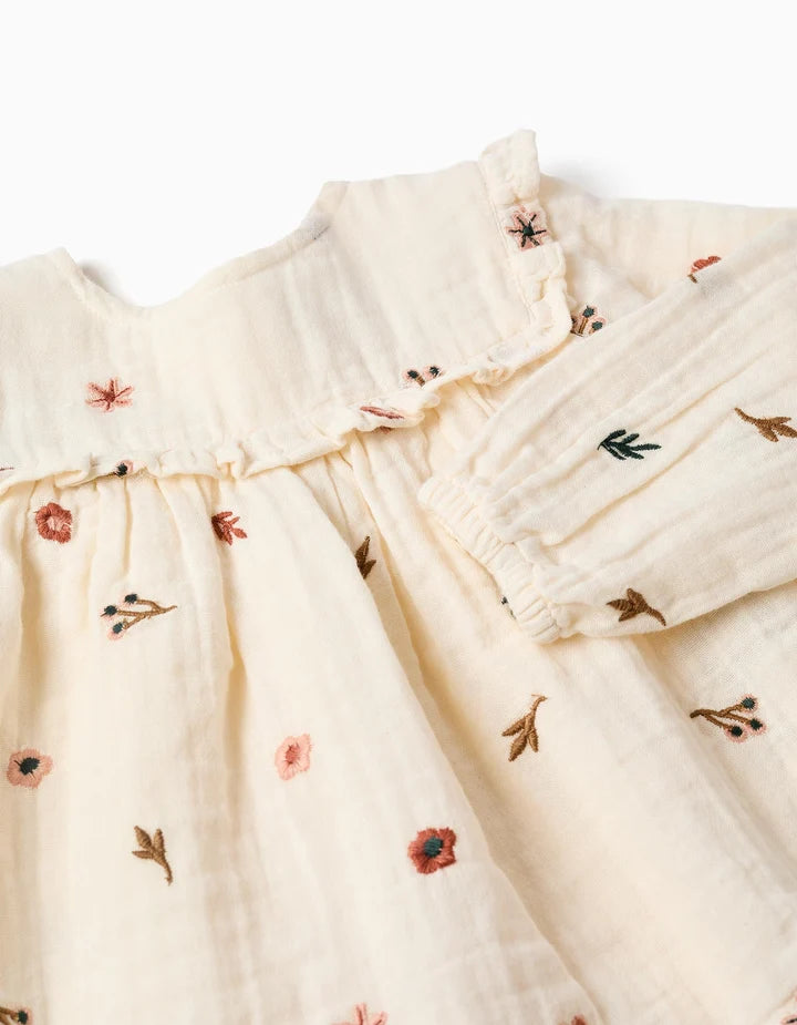 Blusa de manga comprida de algodão com flores para bebé menina, branco