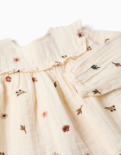 Blusa de manga comprida de algodão com flores para bebé menina, branco