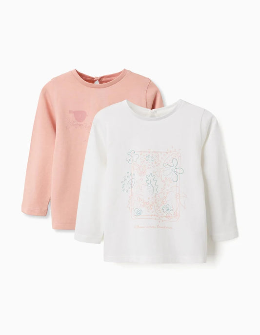 Pack 2 T-shirts de manga comprida estampadas para bebé menina, rosa/branco