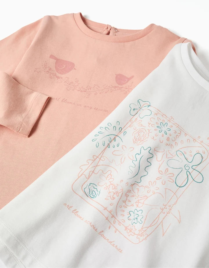 Pack 2 T-shirts de manga comprida estampadas para bebé menina, rosa/branco