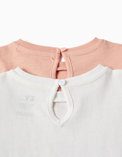 Pack 2 T-shirts de manga comprida estampadas para bebé menina, rosa/branco