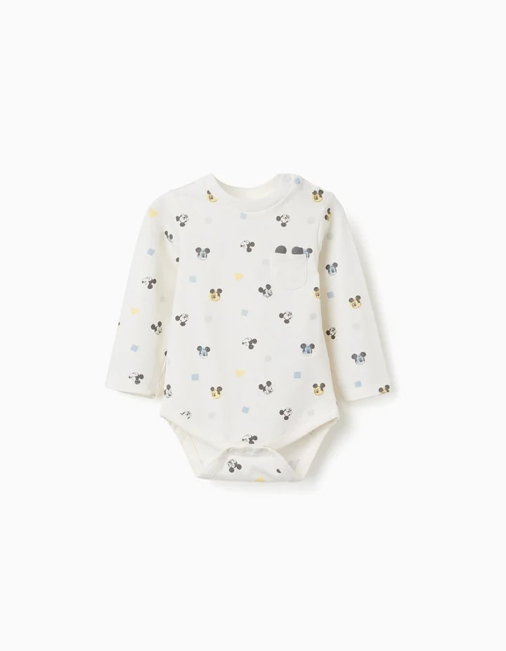 Body de manga comprida com motivo Mickey para recém-nascido, branco