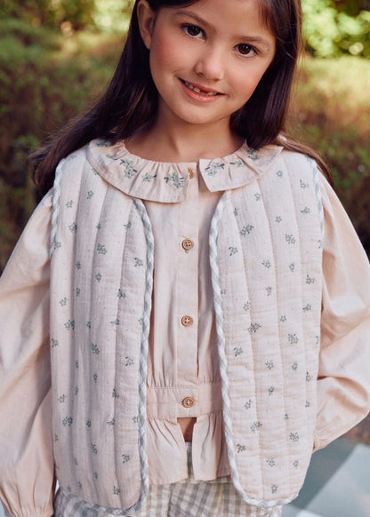 Colete de algodão acolchoado com motivo floral B&S para menina, bege/verde