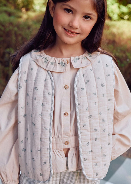 Colete de algodão acolchoado com motivo floral B&S para menina, bege/verde