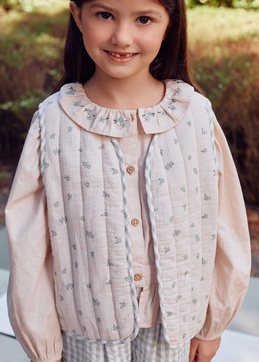 Colete de algodão acolchoado com motivo floral B&S para menina, bege/verde
