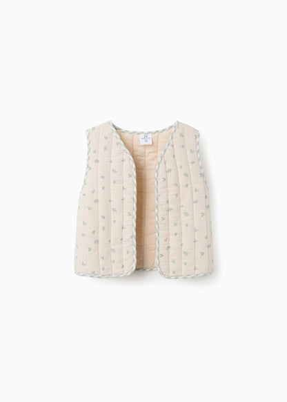 Colete de algodão acolchoado com motivo floral B&S para menina, bege/verde