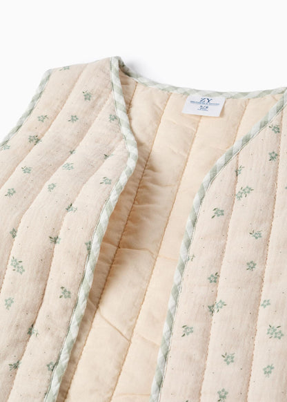 Colete de algodão acolchoado com motivo floral B&S para menina, bege/verde