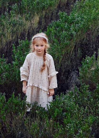 Vestido de algodão com motivo floral B&S para menina, bege/verde