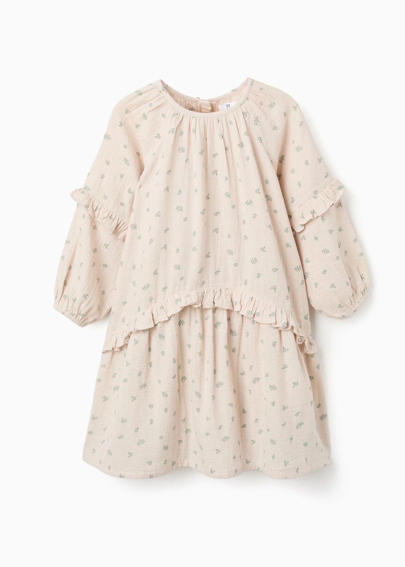 Vestido de algodão com motivo floral B&S para menina, bege/verde