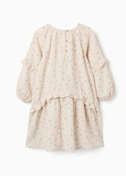 Vestido de algodão com motivo floral B&S para menina, bege/verde